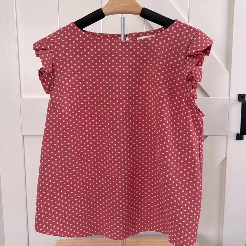 Monteau sleeveless ruffle polka dot top